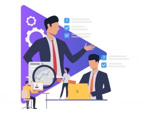 Project Management Tools Project Managers Business people working and giving tasks. Boss, manager, modern technology, office, sample text. Business concept. Vector illustration for poster, presentation, new project
