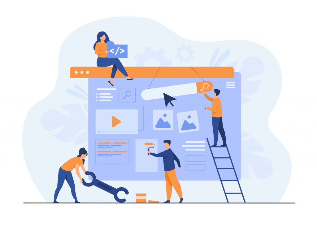 Digital Marketing Trends to Gear Up for in 2021 Digital marketing team constructing landing or home page. Tiny people painting units on webpage. Vector illustration for website designers, content managers, internet promotion concept