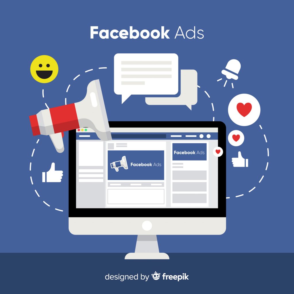 Vector of desktop computer with Facebook ads and icons