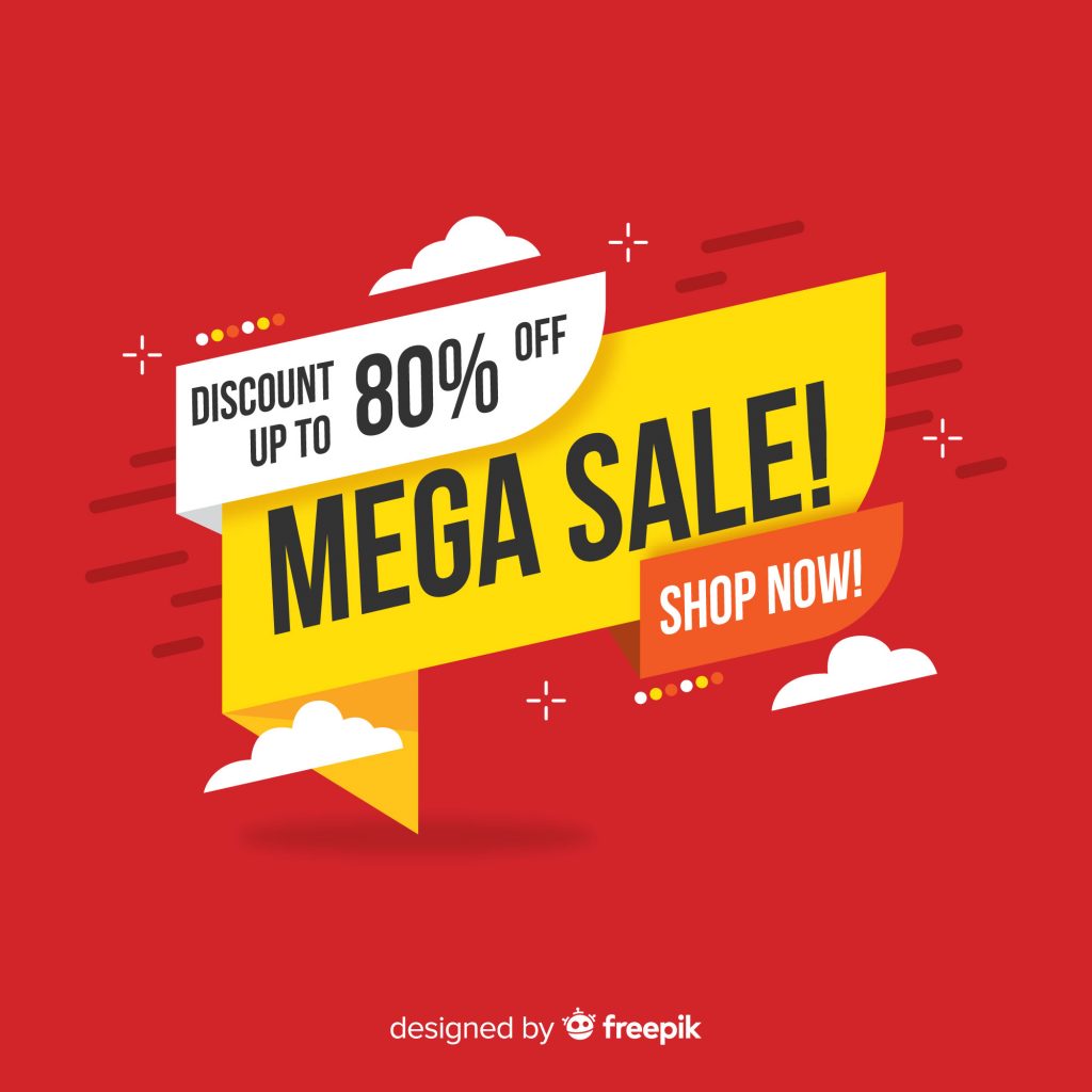 discount up to 90% off mega sale announcement with shop now call to action button