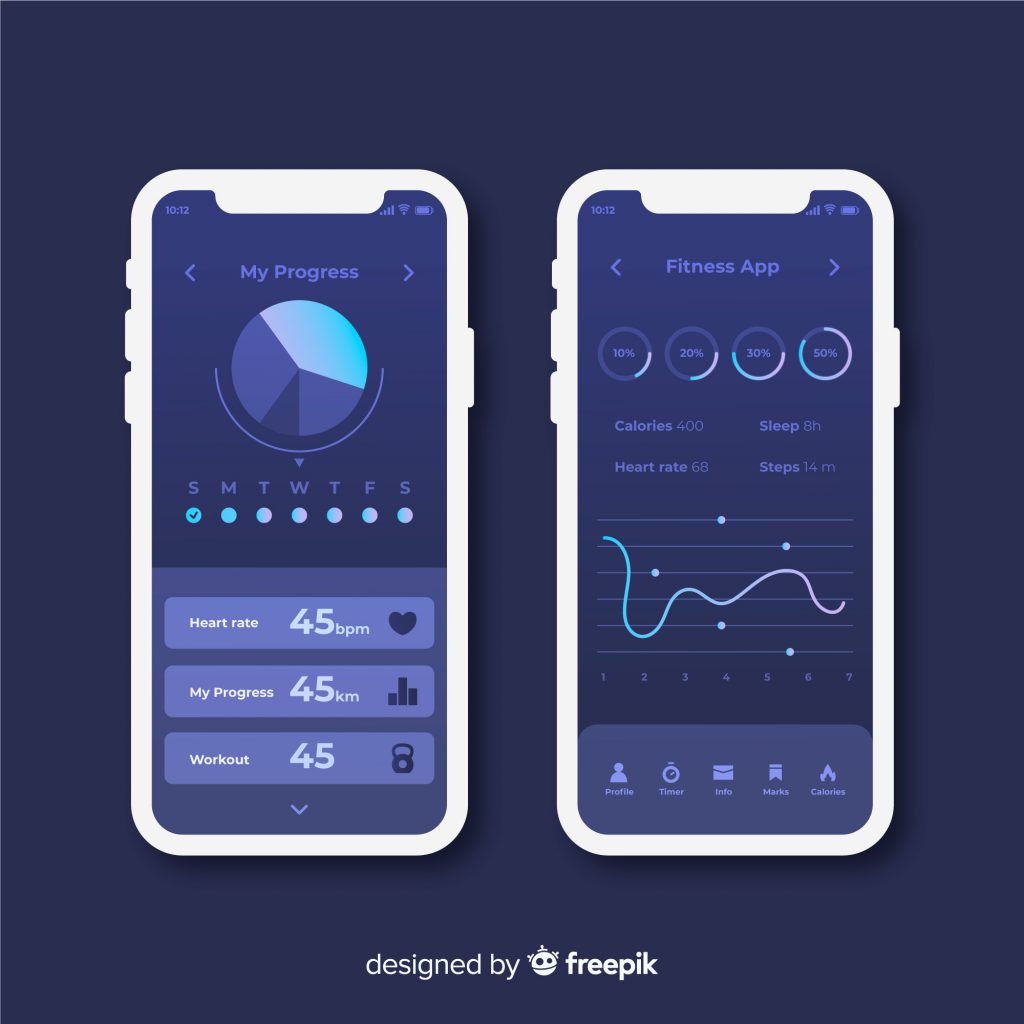 two designs of fitness app's user interface design in night mode