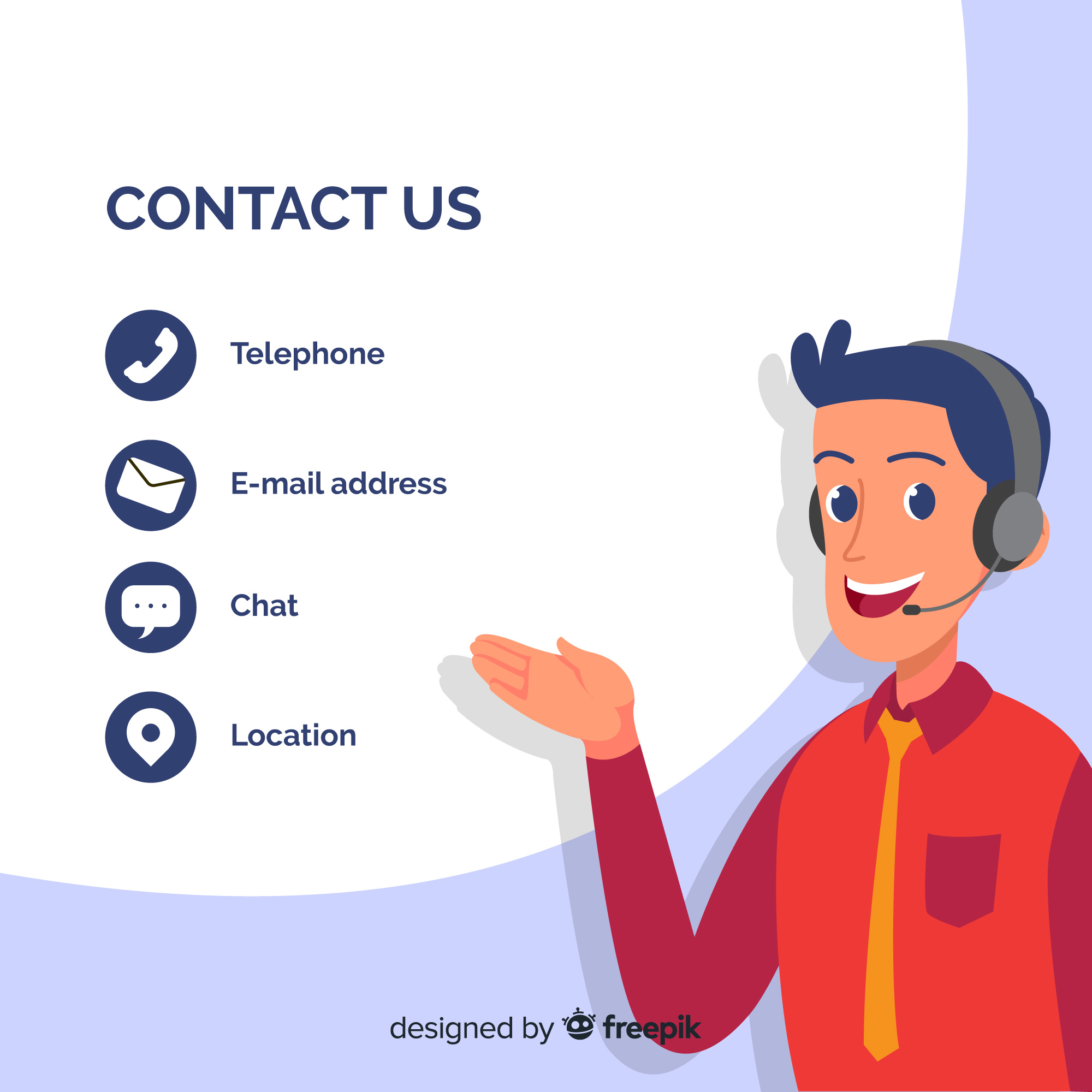 illustration of man wearing headphones pointing to contact us data to show what you shouldn't miss to avoid a web design mistake