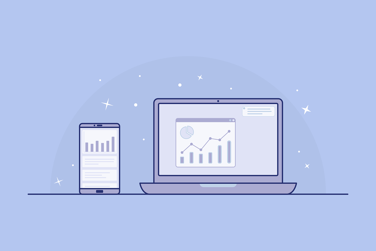 illustration of mobile phone and laptop showing statistics from search engine analytics of site with web hosting 