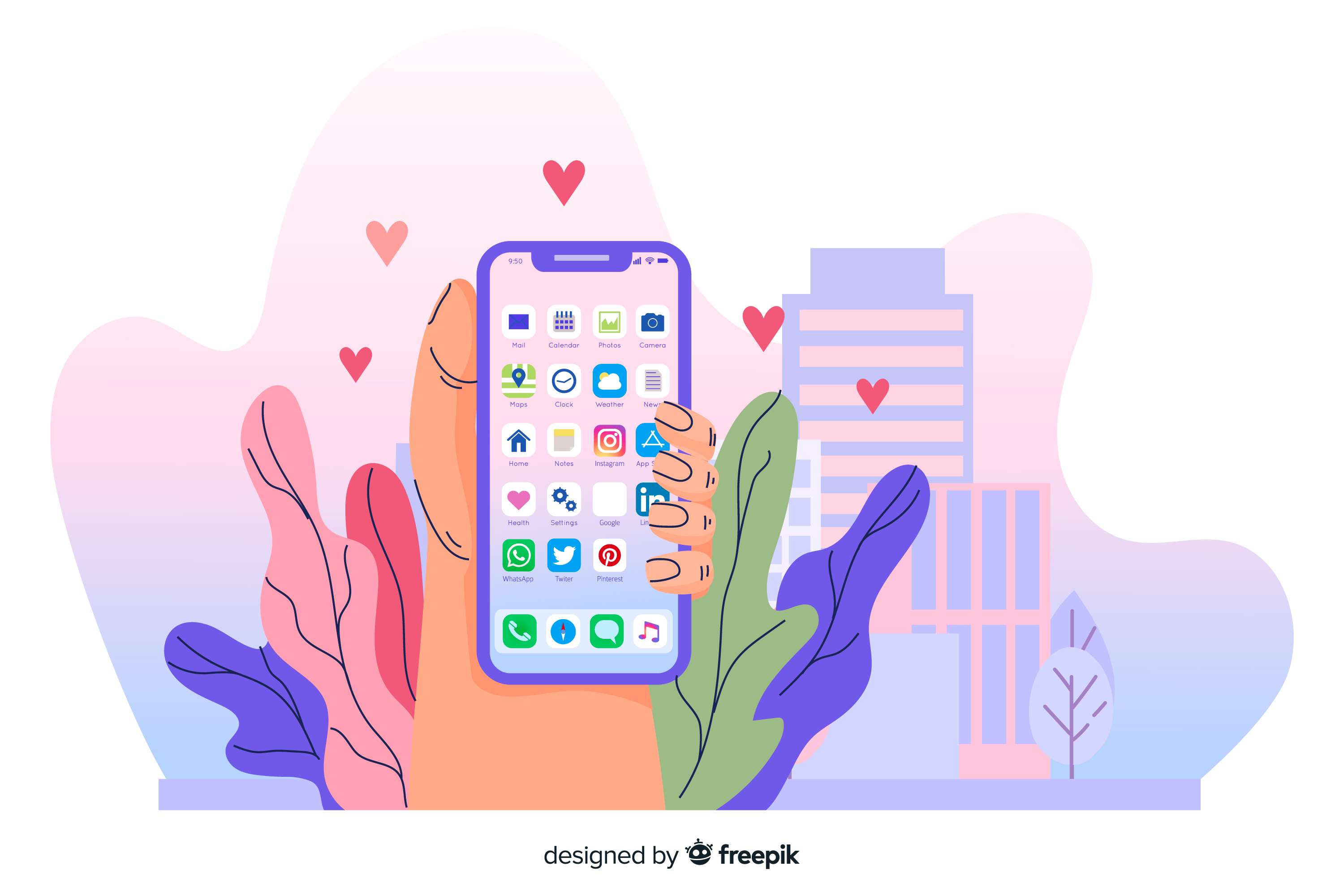 illustration of hand holding a phone with icons for native and hybrid apps displayed 