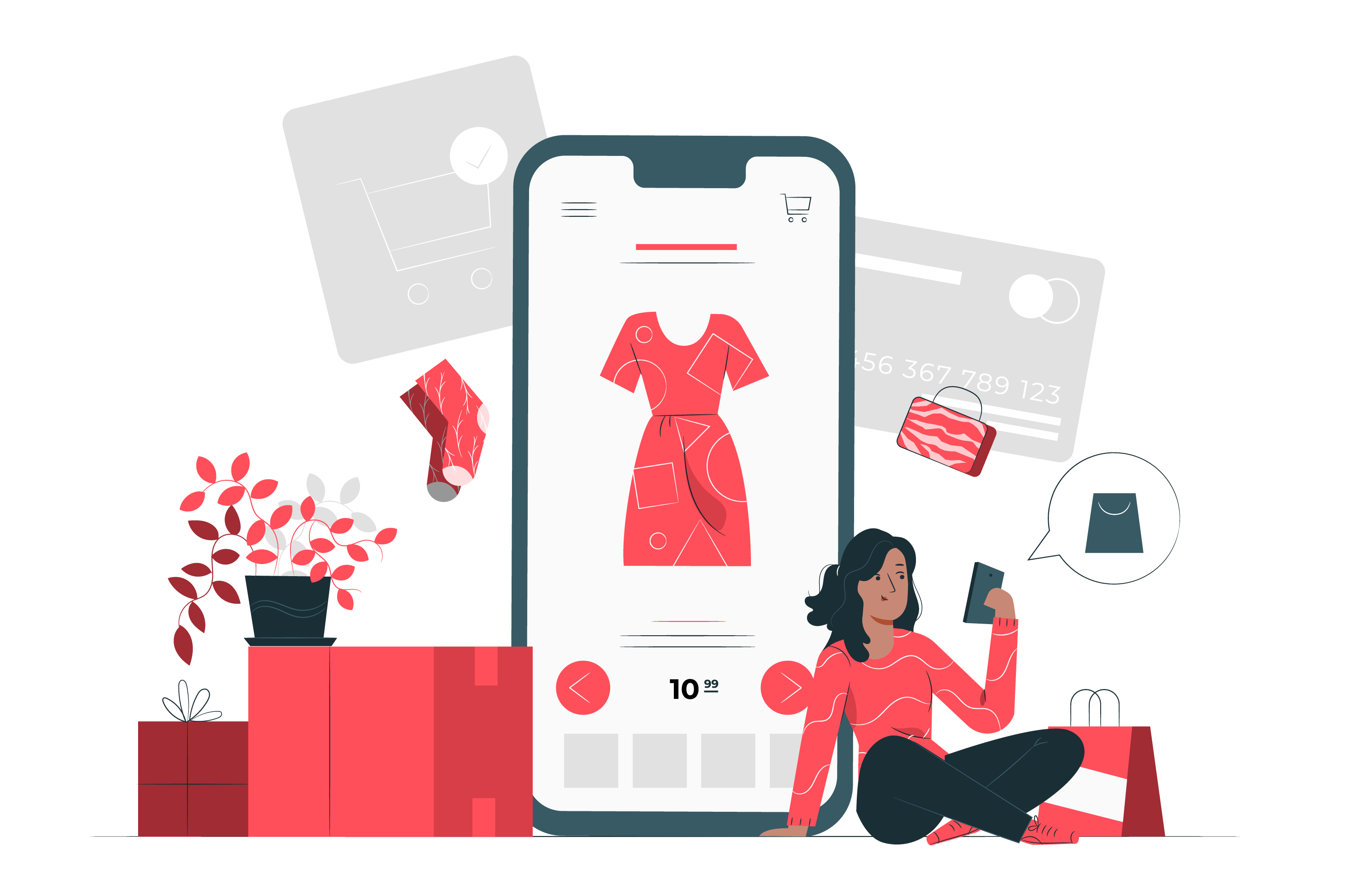 illustration of girl using mobile app for PH e-commerce purchases through online shopping