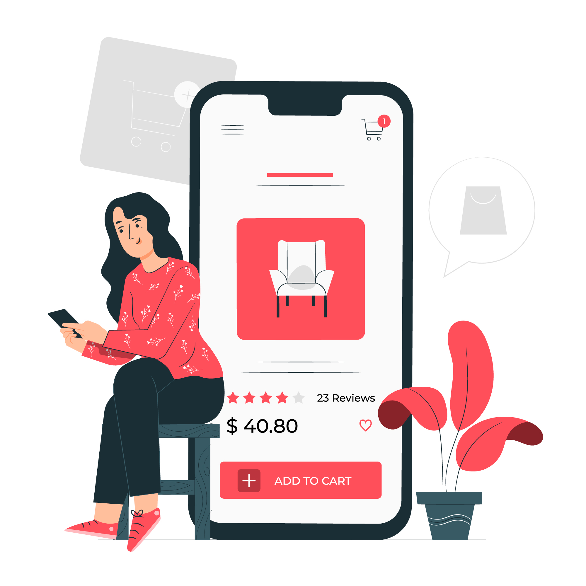 illustration of girl browsing furniture on PH e-commerce site