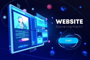 WordPress website development banner, computer technology, monitor with open browser page and woman profile on screen, futuristic background in neon glowing colors