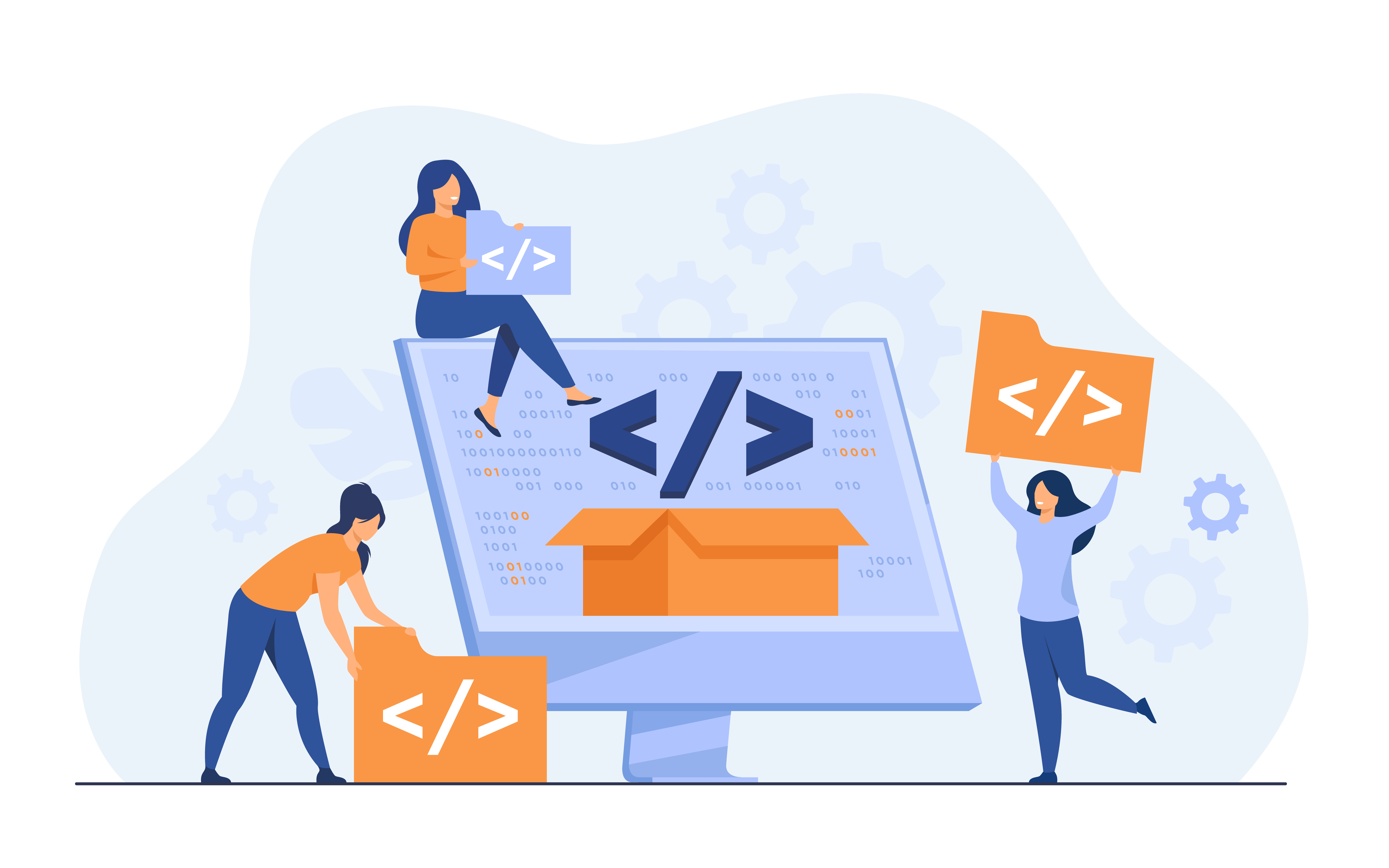 Custom Software Development Company Tiny developers programming website for internet platform flat vector illustration. Cartoon programmers near screen with open code or script. Software development and digital technology concept