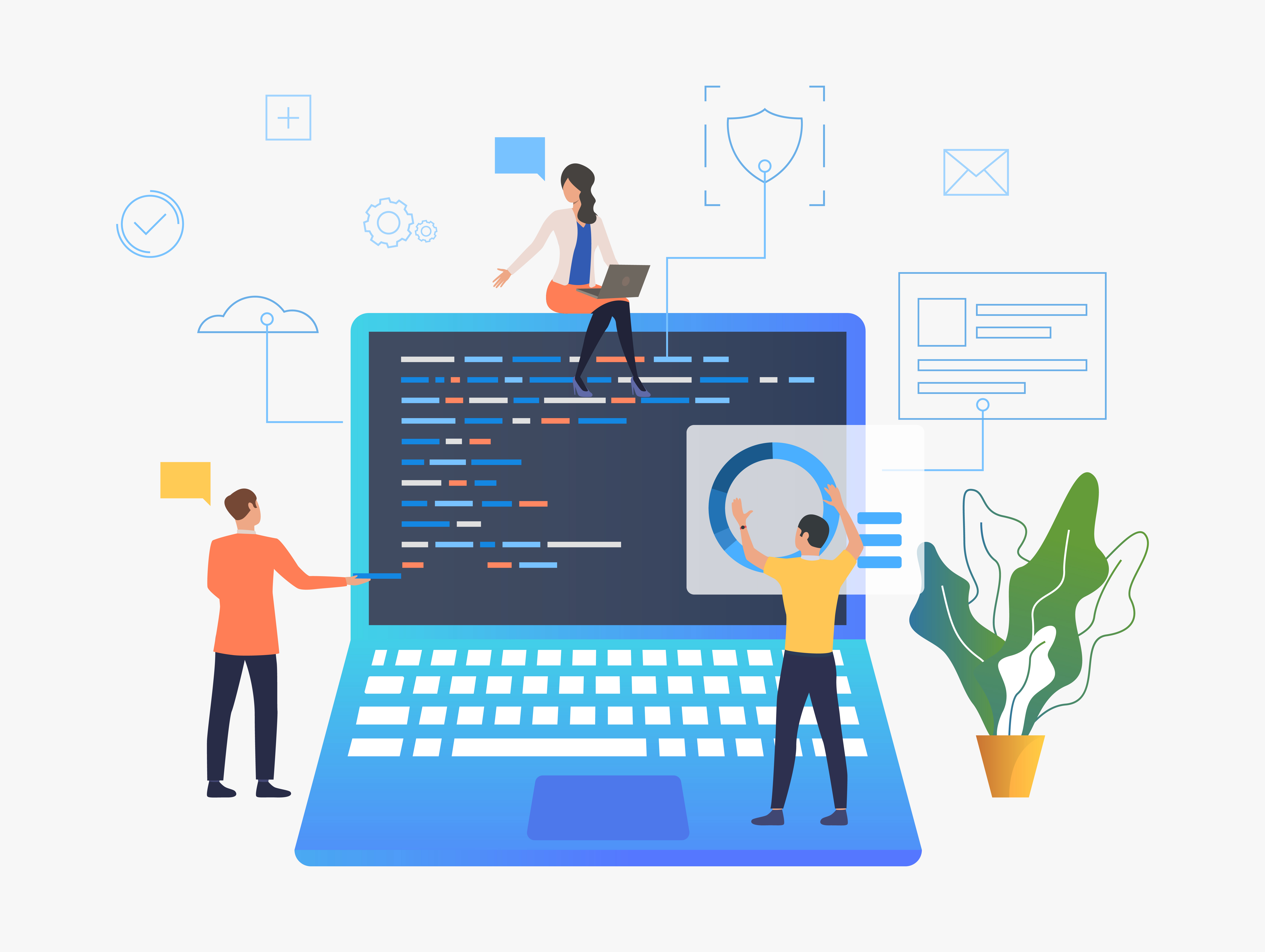 Custom Software Development Company Business people working over laptop development vector illustration. Web development, interface, coding. Computer concept. Design for website templates, posters, banners