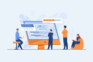 Custom Software versus Packaged Software Software developers coding on computer with script. Coding, engineering, interface design flat vector illustration. Programming concept for banner, website design or landing web page