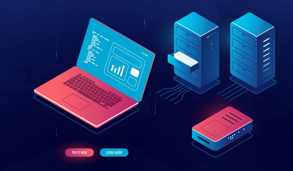 The Importance of Data Backups and How to Do It Laptop pc with data processing on screen, cloud computing, isometric server room element