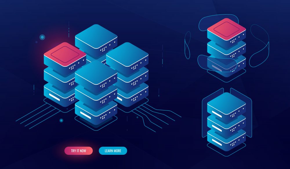 The Importance of Data Backups and How to Do It Set of server room element, isometric big data processing, data center database