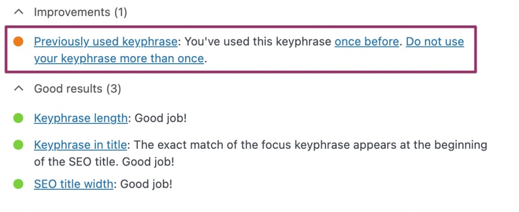 Previously used keyphrase, cannibalization in SERPs, fix keyword cannibalization
