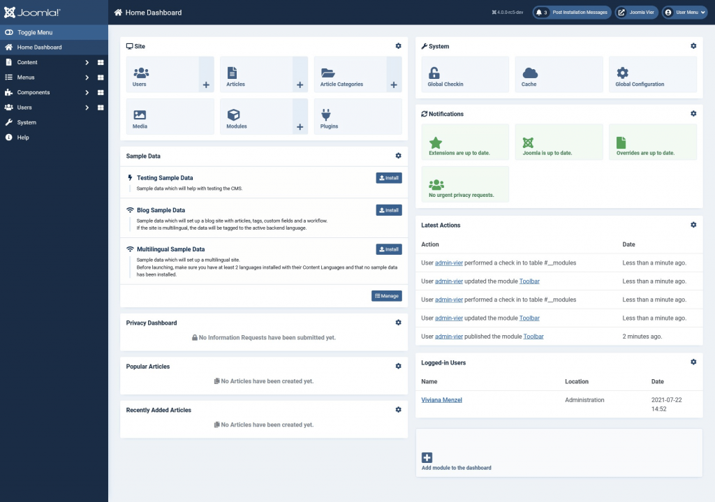 Joomla Dashboard, web development cms