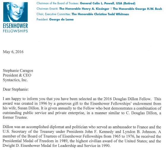 Letter of Dillon Award selection for Syntactics CEO