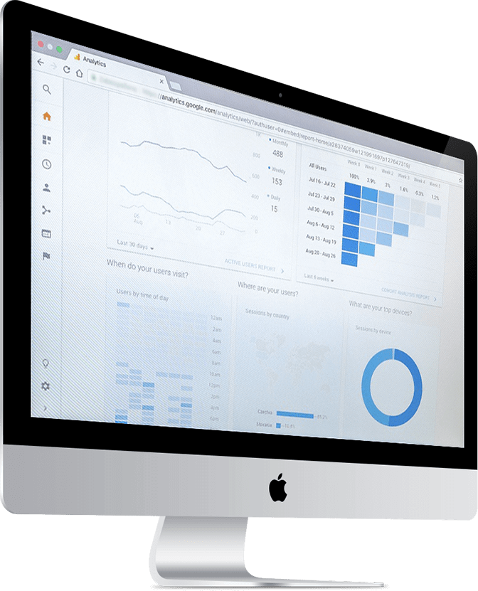 MAC pc displaying Google Analytics on screen, a key tool for our web content writers in the Philippines, providing content swerices