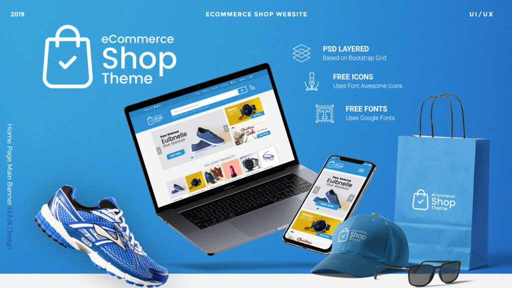 eCommerce shop website theme responsive design on laptop and mobile