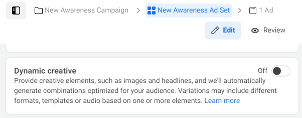 Dynamic ad set where Meta dynamically generates combinations of creatives optimized for the audience