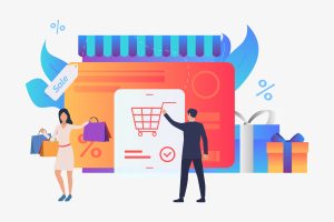 Create Ecommerce Product Pages that Sell Store with credit card, gift boxes, buyers vector illustration. Purchase, sale, e-commerce. Shopping concept. Creative design for website templates, posters, banners