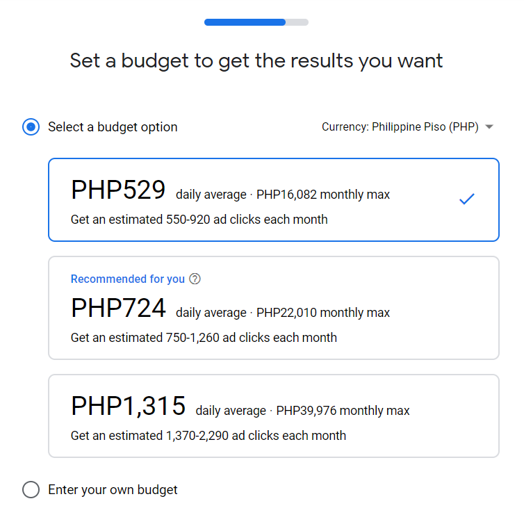 Advertise on Google Ads Select Budget Plan