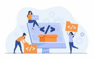 Custom Software Development Company Tiny developers programming website for internet platform flat vector illustration. Cartoon programmers near screen with open code or script. Software development and digital technology concept