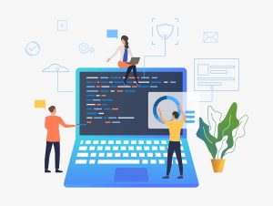 Custom Software Development Company Business people working over laptop development vector illustration. Web development, interface, coding. Computer concept. Design for website templates, posters, banners