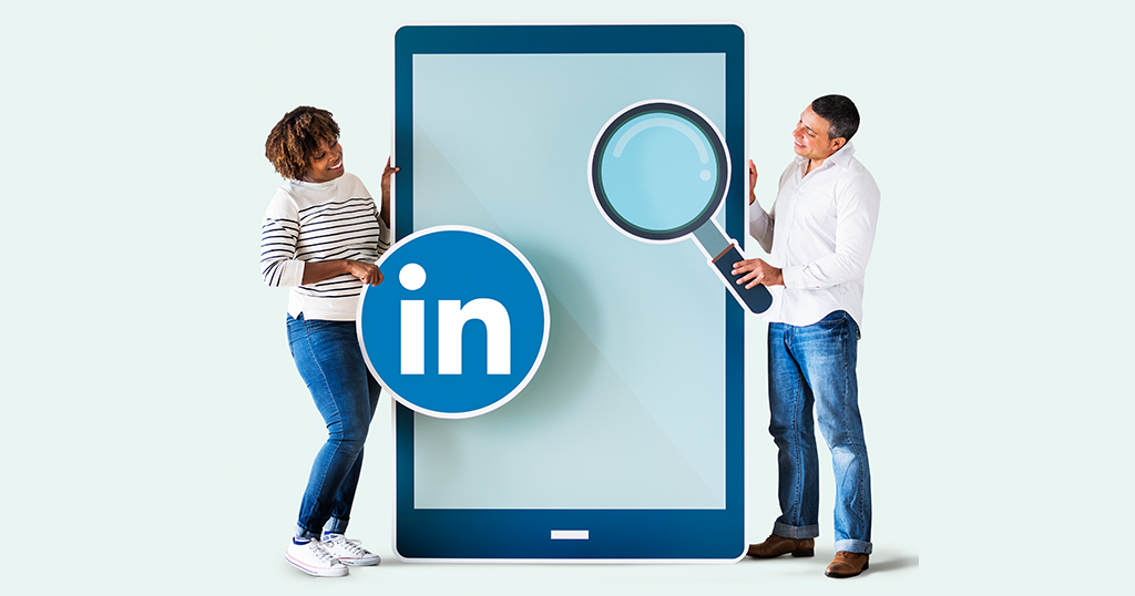 People Holding LinkedIn Icon and Tablet, 