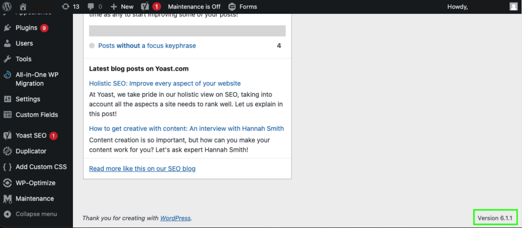 Check Via Admin Dashboard Version, check WordPress Version