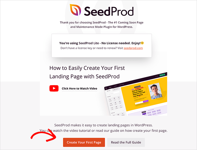 Create your first free landing page via Seedprod, use it to create a WordPress Thank You Page