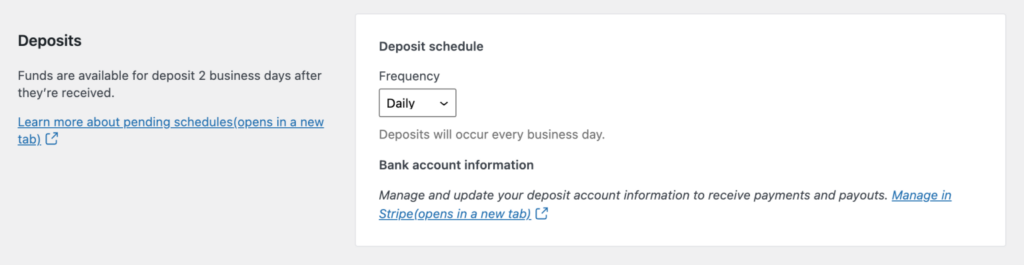 Deposits section, choose the Deposit schedule and Bank account information
