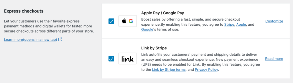 Express checkouts, Apple Pay or Google Pay, Link by Stripe
