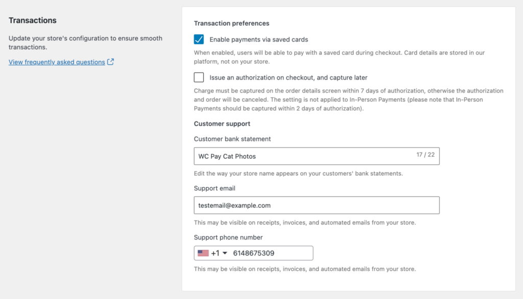 Transactions section, transaction preferences, and Customer Support