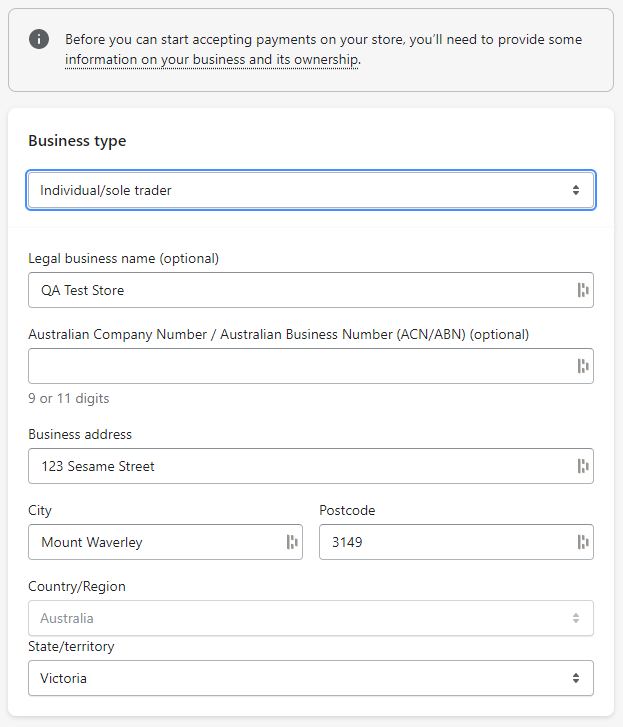 Business info setup