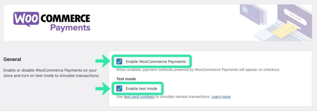 Enable WooCommerce Payments and test mode