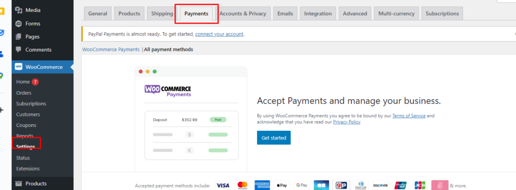 Go to WooCommerce Settings and find the Payments tab to configure settings
