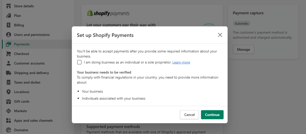 Setup shopify payments