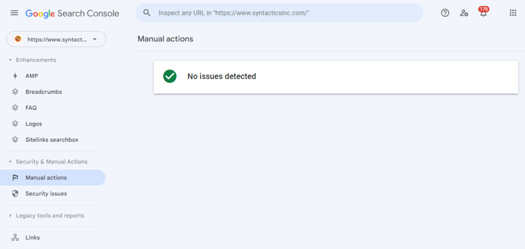 Google Search Console Manual Actions No Issues Detected Section, check if you have Google penalties to remove and recover 