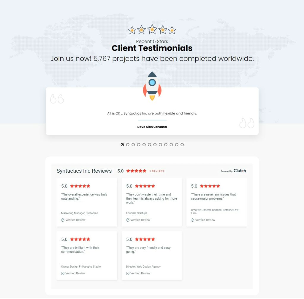 Syntactics Testimonials General Webpage, contributes to E-E-A-T and Google Quality Rater Guidelines