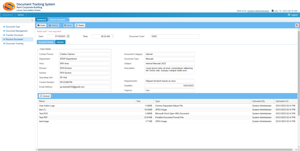 Docotrak Screenshot for Receiving of document