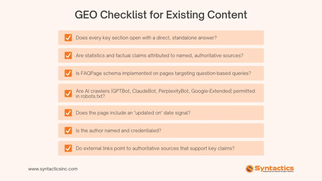 GEO Checklist For Existing Content